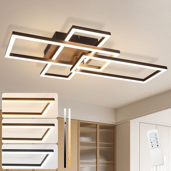 ZMH LED Deckenlampe Wohnzimmer Deckenleuchte - Wohnzimmerlampe Schlafzimmer Dimmbar 64CM Schwarz Holz Schlafzimmerlampe mit Fernbedienung Modern Design Rechteckig für Esszimmer Arbeitszimmer