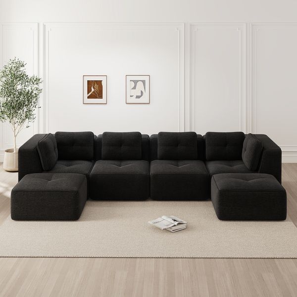 Ecksofa in Schwarz aus Cord, modular, Sitztiefe 74 cm, ohne Aufbau, mit rutschfestem Standfuß,69x386x177 cm