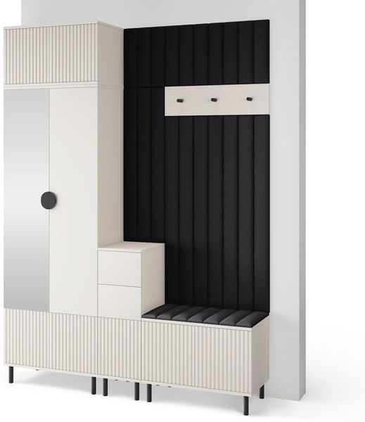 Garderoben-Set Ritmo version 8 – gefräste Kleiderschrank mit Polsterplatten, Schuhschrank, für Flur und Eingangsbereich (Cashmere, Trinity 16), 235 x 40 x 170 cm