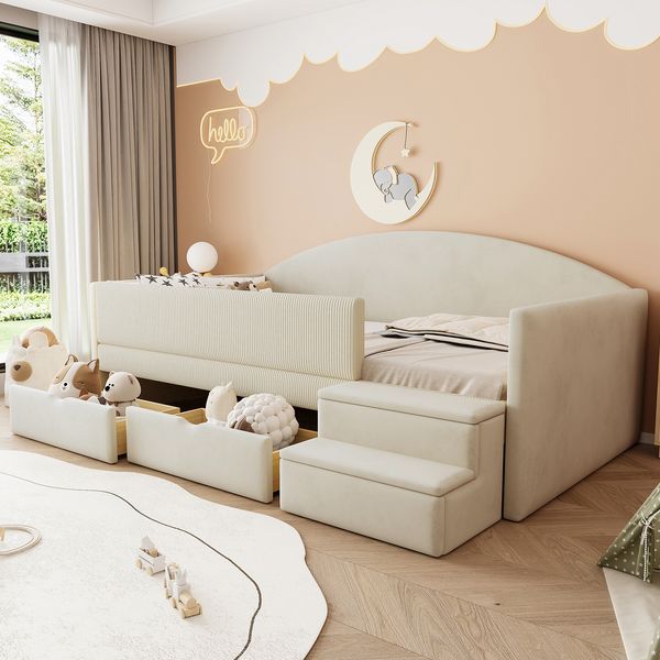Polsterbett Sofabett,90*190cm,Multifunktionsbett,Mit Zwei Schubladen und Zäunen,Mit Stufen,Hautfreundlicher Samtstoff,ohne Matratze,Beige