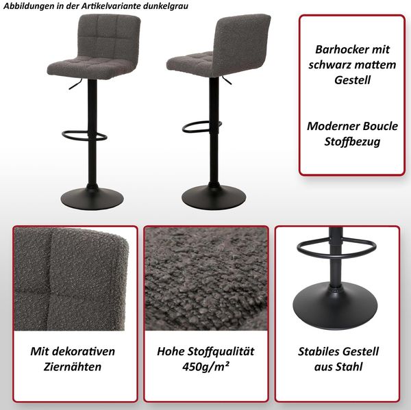 2er-Set Barhocker HWC-G87, Tresenhocker Barstuhl, höhenverstellbar drehbar, Stoff Boucle (450g/m²) FSC® ~ dunkelgrau Bild 2