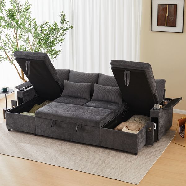 Merax 4-Sitzer-Sofa, U-förmiges Schlafsofa mit Getränkehaltern, Ecksofa mit Stauraum, Schlafsofa mit Schlaffunktion, inklusive Getränkehaltern und Kissen, multifunktionales Apartmentsofa, Grau