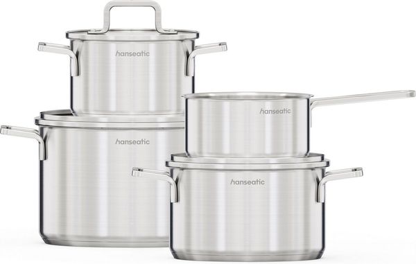 Hanseatic Topf-Set DAILY, Edelstahl 18/10 (Set, 7-tlg, Stielkasserolle 16 cm, Kochtopf 16/20/24 cm), handfreundliche Griffe, Literskala, Glasdeckel, Induktion