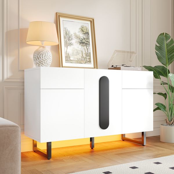 Sideboard 120 cm Weiß mit Metallfüßen - Küchen- & Aufbewahrungsschrank mit Schubladen, höhenverstellbaren Böden