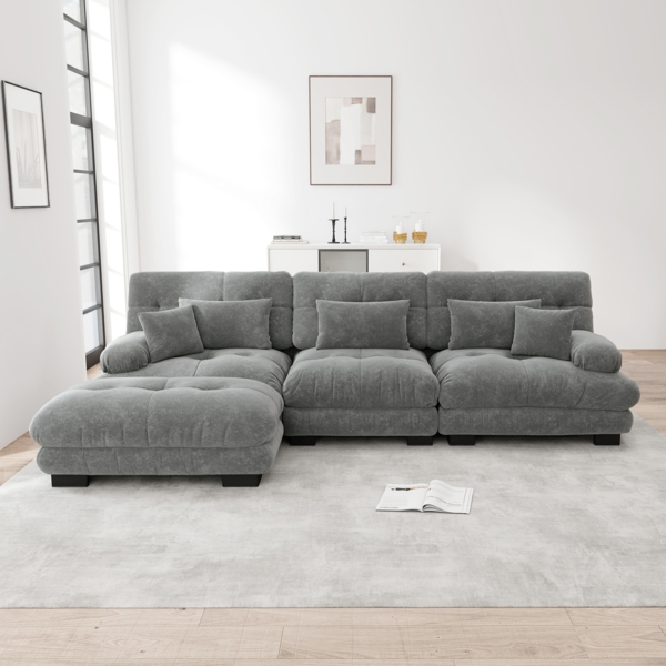 Ecksofa, Luxuriöses modulares Ecksofa Übergroßes L-förmiges Cloud Couch für Wohnzimmer tiefes Schlafsofa mit Ottoman, Cord+Chenille, Grau