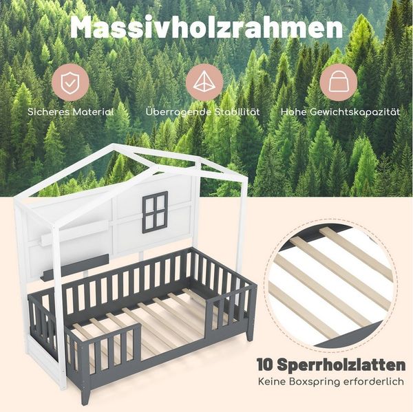 KOMFOTTEU Kinderbett, Hausbett mit Rausfallschutz & Llattenrost, 90x200 cm