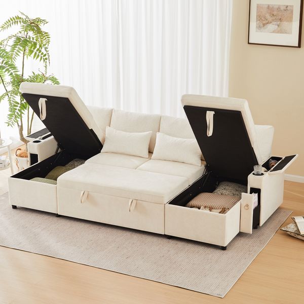 Schlafsofa U-Form, Sitzfläche 272x131x84 cm, Chenille/Corduroy, Beige – Stauraum & Schlaffunktion