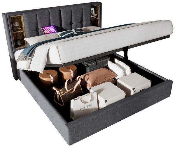 Flieks Polsterbett, Doppelbett mit Kabellosem Laden/USB/Typ-C+Stauraum Baumwolle 180x200cm