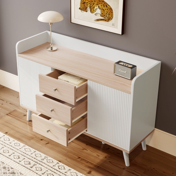 Merax Sideboard mit 3 Schubladen und 2 Schiebetüren, Kommode aus Holz mit verstellbaren Einlegeböden Bild 3