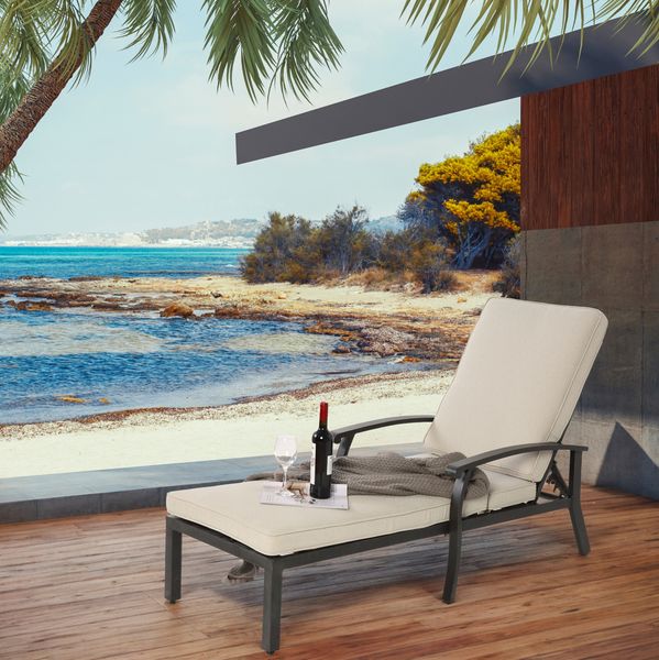 Lounge Patio Stuhl 204 x 68 x 100/30 cm mit verstellbarer Rückenlehne und Baumwollkissen – Aluminium, Beige