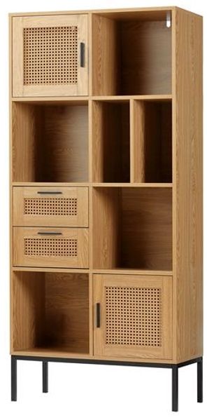 Wohnregal in Rattan-Optik mit 2 Türen, 2 Schubladen und 6 Fächer | ca. 75 x 167,5 x 35 cm | modernes Wohnzimmer-Regal aus Metall und MDF-Holz | stehend