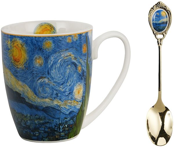 DUO ART GALLERY Klassischer Becher 360 ml mit Löffel STARRY NIGHT inspired by Van Gogh New Bone China Porzellan