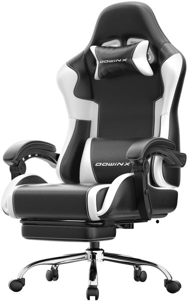 Dowinx Gaming Stuhl Bürostuhl Massage Gaming Sessel mit höhenverstellbaren Linkage-Armlehnen, ergonomischer Gamer Stuhl mit Fußstütze, gepolstert Gaming Chair 150° neigbar bis 180 kg, Schwarz Weiß