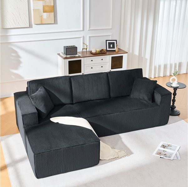 OKWISH Schlafsofa Ecksofa 235x128x60 cm mit Chaiselongue aus Cord, vakuumverpackt, modulares Ecksofa mit weichem Hochdichtschaumpolster 1 Teile, modulares Ecksofa mit weichem Hochdichtschaumpolster