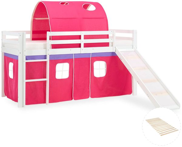 Homestyle4u Hochbett mit Rutsche, Tunnel, Vorhang, Lattenrost, Holz Kiefer, pink, 90x200 cm