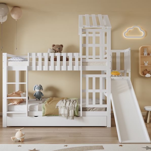 Bett Etagenbett 90x200 cm mit Rutsche und großer Schublade – weißes Hausbett aus Kiefer