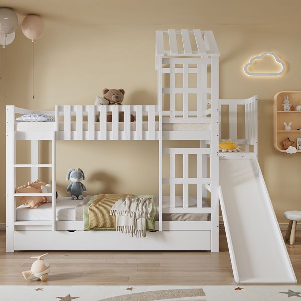 Bett Etagenbett 90x200 cm mit Rutsche und großer Schublade – weißes Hausbett aus Kiefer