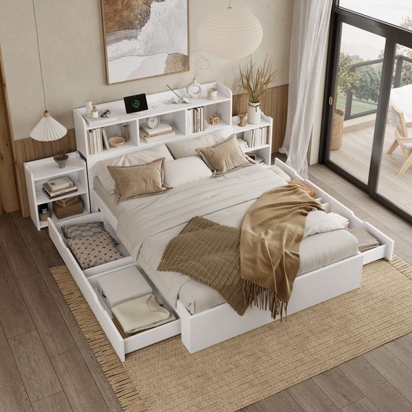 Holzbett, Doppelbett mit Lattenrost und Kopfteil, Mit 2 ausziehbaren Nachttischen, Mit Ablagefächern, Mit Handyladefunktion (TYPE C + Wireless Charging), Mit Schubladen, Holz, Weiß, 140 x 200 cm