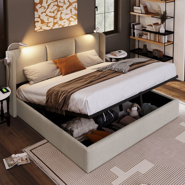 Polsterbett 160x200 cm aus Leinen mit Stauraum, Leselampe und USB-Ladefunktion