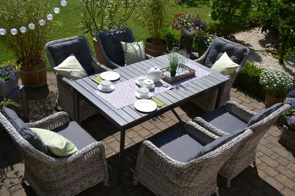 Sitzgruppe Como XL - Tisch Outfit 200/250/300x95cm + 6 Sessel Como grau Polster mittelgrau (15905)