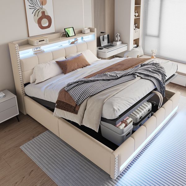 Polsterbett 180×200 cm mit LED, USB und hydraulischem Bettkasten, Beige, ohne Matratze