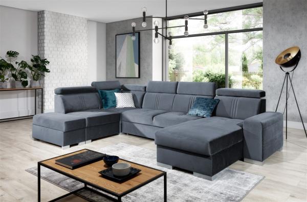 Wohnlandschaft Schlafsofa NOLAN inkl USB Stoff Monolith Blaugrau Ottomane Rechts