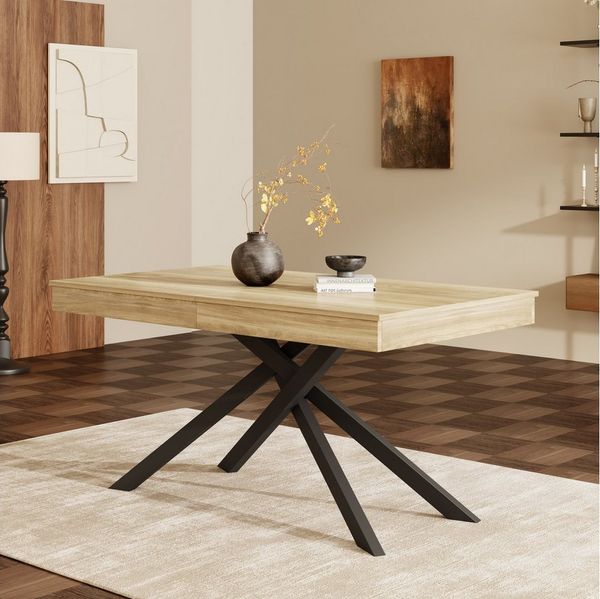 Flieks Esstisch ausziehbarer Küchentisch (1-St, Tischplattelänge 140-180cm, dicke Tischplattenhöhe 9,3 cm), erweiterbarer Tisch rechteckig Schreibtisch Bürotisch Holzoptik Natur