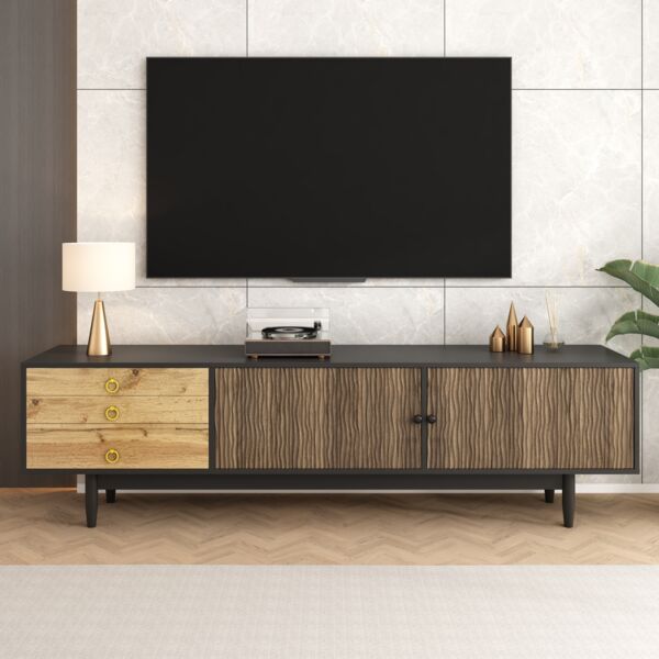TV-Lowboard aus Holzdekor/MDF, Wellentüren & 3 Schubladen, 180x38x50 cm, Schwarz/Natur