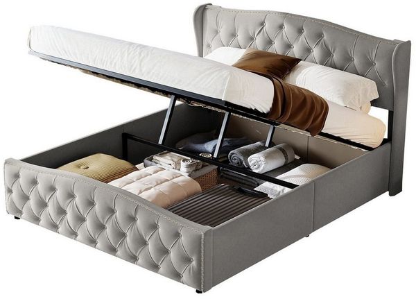FUROKOY Stauraumbett Polsterbett Doppelbett mit hydraulischem Stauraum (Jugendbett gepolsteres Bettgestell), 140x200 cm,Grau,Samt,mit weichem Kopfteil