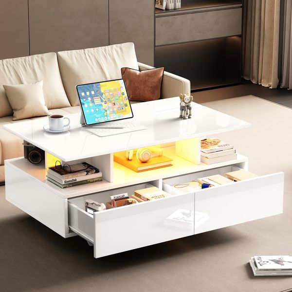 Couchtisch 90×55×41 cm Hochglanz Weiß mit LED-Beleuchtung, moderner Wohnzimmertisch mit 2 Schubladen, offenem Fach