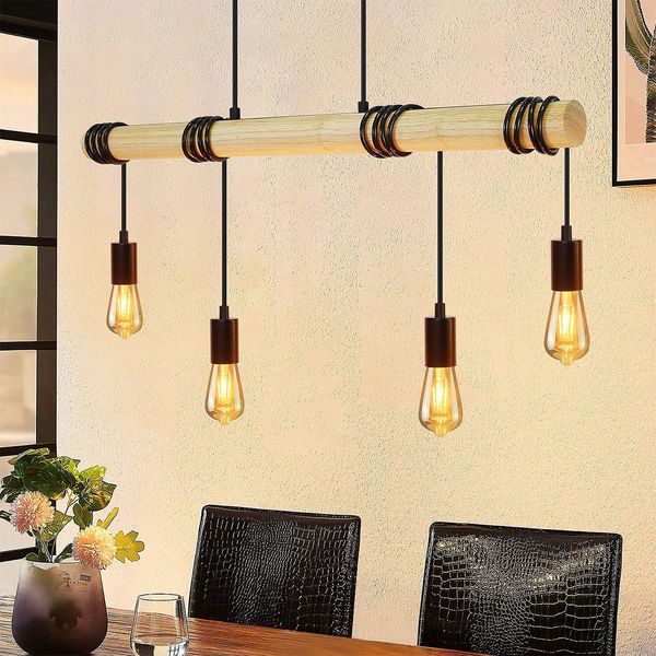 ZMH Pendelleuchte Esstisch Holz Hängelampe Vintage 4 Flammig E27 Hängeleuchte Retro Schöne Rustikal Lampe Industrial Esszimmerlampe für Esszimmertisch Wohnzimmer Cafés（Ohne Glühbirne）