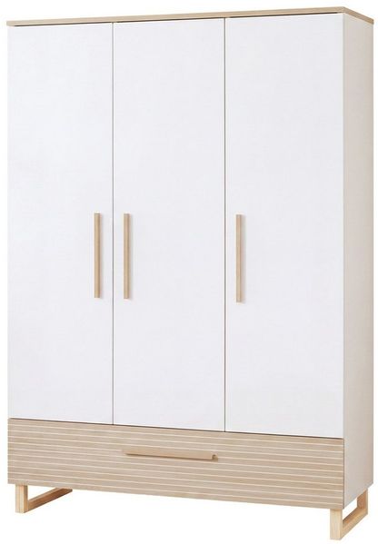 roba® Kleiderschrank Noah - moderner Schrank in Scandi Design fürs Kinderzimmer Griffe und Füße aus Massivholz - Stabiles Design - Walnuss / Weiß