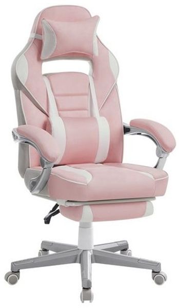 Songmics Bürostuhl, Schreibtischstuhl, ausziehbare Fußstütze, Kopfkissen, Lendenkissen, höhenverstellbar, ergonomisch, neigbare Rückenlehne, bis 150 kg belastbar, pastellrosa-cremeweiß