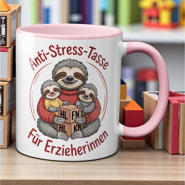 TASSENKING Tasse, Tasse Anti-Stress-Tasse Motiv "Faultier" für Erzieherinnen (rosa)