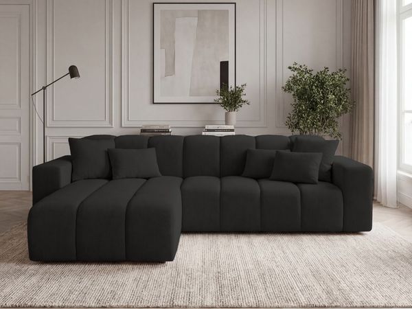 GRAINGOLD Ecksofa L-Form Nork, Wohnzimmer Ecksofa, Couch L-Form, Velour-Stoff, Schwarz, Links