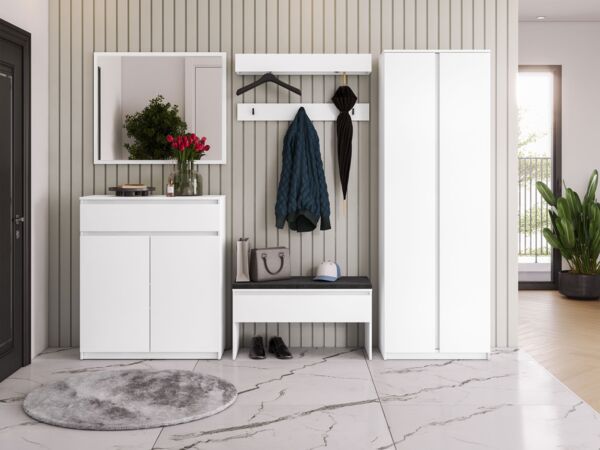 Garderoben-Set Simply II Kleiderschrank, Kommode, Schrank, Spiegel, 2x Kleiderhaken (Farbe: Alpenweiß / Alpenweiß + Ontario 97)