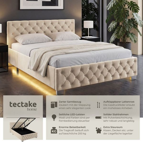 tectake Polsterbett Komfortbett mit LED-Leisten & Stauraum - Samtoptik mit Steppmuster (Bettset, in Samtoptik Sand), stabiler Stahlrahmen, Belastbarkeit 200 kg