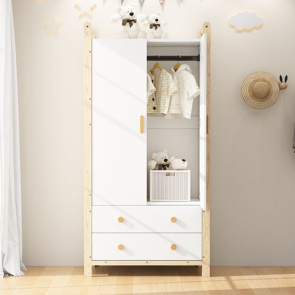 Kleiderschrank, 2-türiger mit Kleiderstange und 2 Schubladen für Schlafzimmer Wohnzimmer Flurgarderobe, Spanplatte+Kiefer, Weiß+Kiefer, 90×45×180 cm