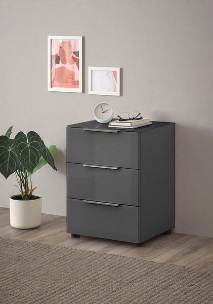 Stella Trading Nachttisch Santorin in Anthrazit mit Glasfront-Moderner Nachtschrank mit DREI Schubladen für Ihr Boxspringbett-45 x 61 x 40 cm, Holzwerkstoff, 45 x 61 x 40 cm (B/H/T)