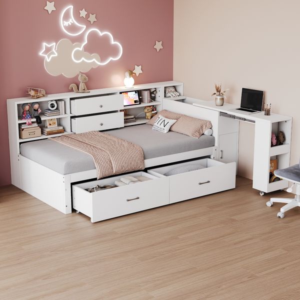 Holzschlafsofa 90 x 200 cm, Multifunktionaler Stauraum, Verdeckte Staufächer und Regale, 2 große Schubladen, Multifunktionssteckdose, Ausziehbarer Schreibtisch, Einzelbett, Jugendbett, Holzbett, Weiß