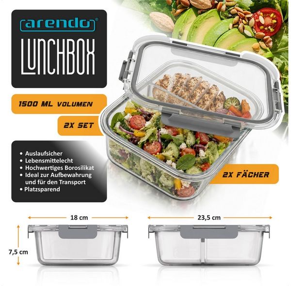 Arendo Frischhaltedose 2er Set Glas Vorratsdosen, 2 Fächer, Lunchboxen, auslaufsicher, Deckel, Borosilikatglas, (Set, 2-tlg, mit 2 Fächern), Mikrowellen, Ofen, Gefrier & spülmaschinengeeignet, Bento, Meal Prep Bild 2