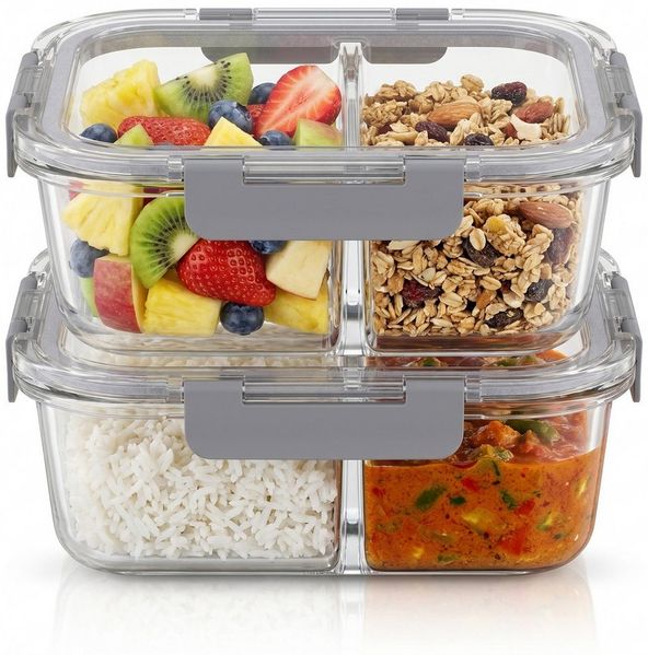 Arendo Frischhaltedose 2er Set Glas Vorratsdosen, 2 Fächer, Lunchboxen, auslaufsicher, Deckel, Borosilikatglas, (Set, 2-tlg, mit 2 Fächern), Mikrowellen, Ofen, Gefrier & spülmaschinengeeignet, Bento, Meal Prep