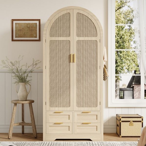 MODFU Kleiderschrank Praktischer Stauraumschrank mit Kleiderstange & Schubladen (Packung, 1-St, Kleiderschrank mit Rattan-Türen, 80 cm Breite, 179 cm Höhe) Luxuriöser Kleiderschrank, für Schlafzimmer und Eingangsbereiche