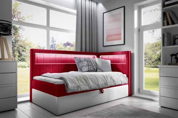 Boxspringbett Gästebett Kinderbett FABIAN Nr. 3 90x200cm Weiss-Rot Seite Rechts