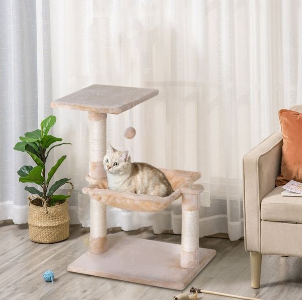 Kratzbaum 50 x 36 x 70 cm mit Hängematte und Sisalstangen - Beige