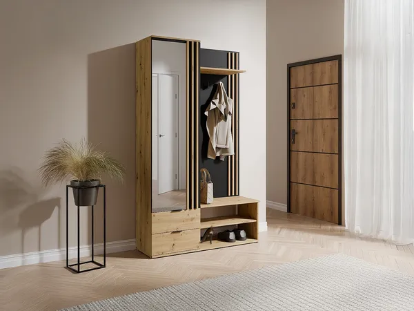 Vente-unique - JANAKIA Cloakroom and coat rack Holz, Platte SchwarzBeige - B 40 cm x H 201 cm x L 120 cm