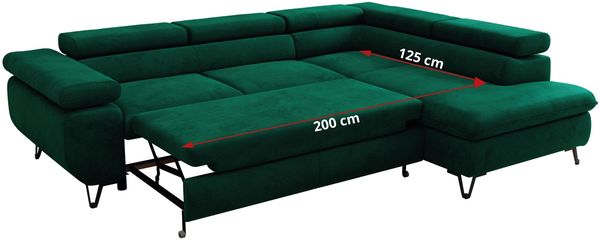 MKS Möbel 'Pablo L-Form' Ecksofa mit Schlaffunktion, verstellbare Kopfstützen, Dunkelgrün, Samt, ohne Topper, Links Bild 7