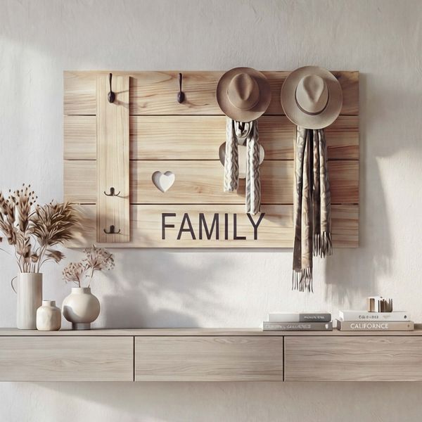Wandgarderobe HWC-C89 Family, Garderobenpaneel Garderobe, Shabby-Look Vintage, 8 Haken 60x90cm ~ naturbraun