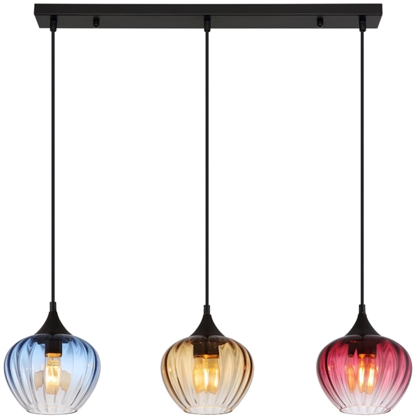 Pendelleuchte, Metall, Glas Amber Rot Blau, H 150 cm