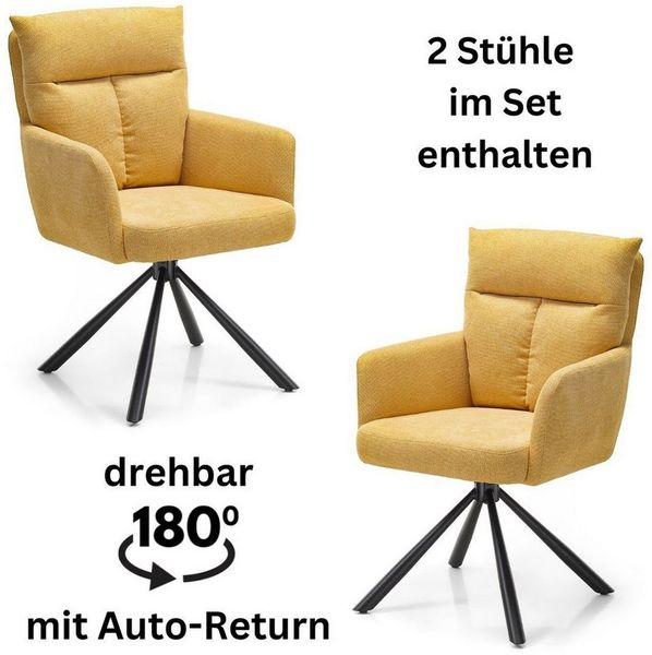 SOFIA Esszimmerstühle 2er Set mit schwarzem Metallgestell und Microfaser Bezug, Gelb - Bequeme Stühle für Esszimmer & Wohnzimmer - 60 x 93 x 67 cm (B/H/T)